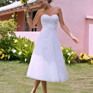 Galina Tea-Length Strapless Tulle Gown with Floral Embellished Detail on Waist